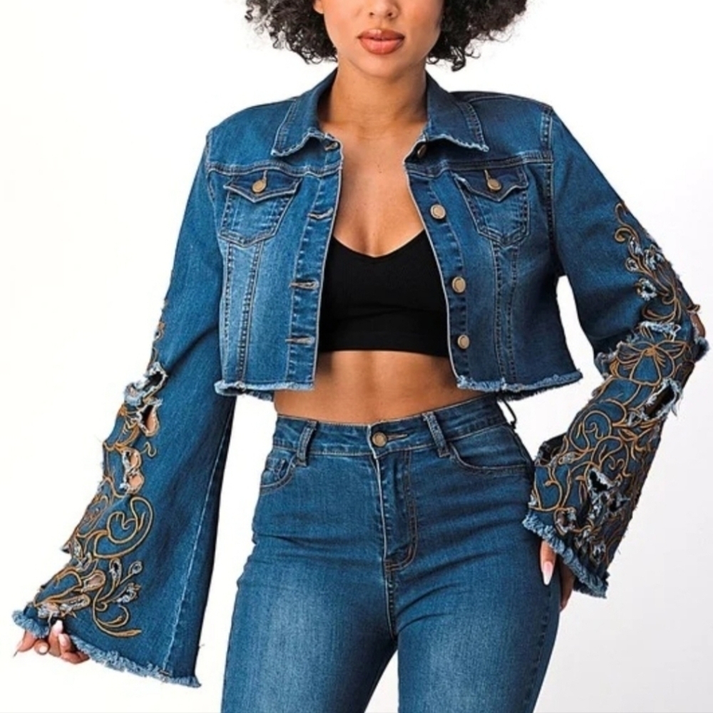 Cropped Embroidered Long Bell Sleeve Button Up Denim Jean Jacket - Picture 7 of 13